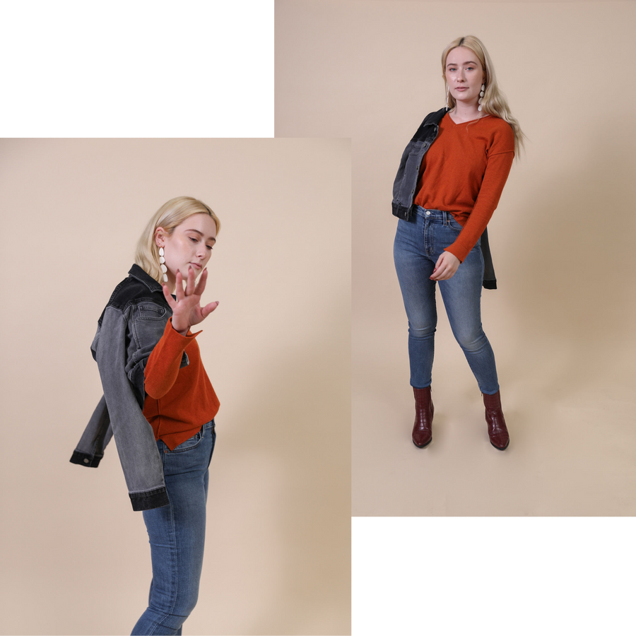 Two images of same woman in sweater and jeans. First of woman faceing side wearing sustainable ethical fair trade clothing and accessories from wearwell personal stylist subscription membership. Second image same woman standing facing front.
