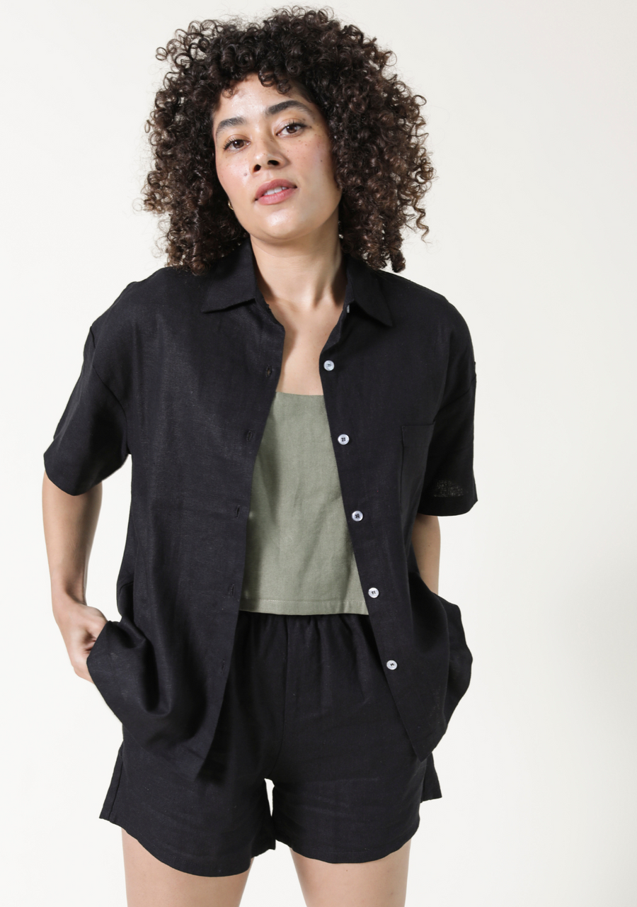 Women's Black Linen Short Sleeve Button Down Shirt Sizes XS-3X. Shirt and Shorts Linen Sets for Women