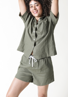 Women's cinched linen shorts with drawstring sizes XS-3X. Women's Linen Shirt and Shorts Set 