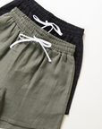 Women's cinched linen shorts with drawstring sizes XS-3X. Women's Linen Shirt and Shorts Set color black and olive